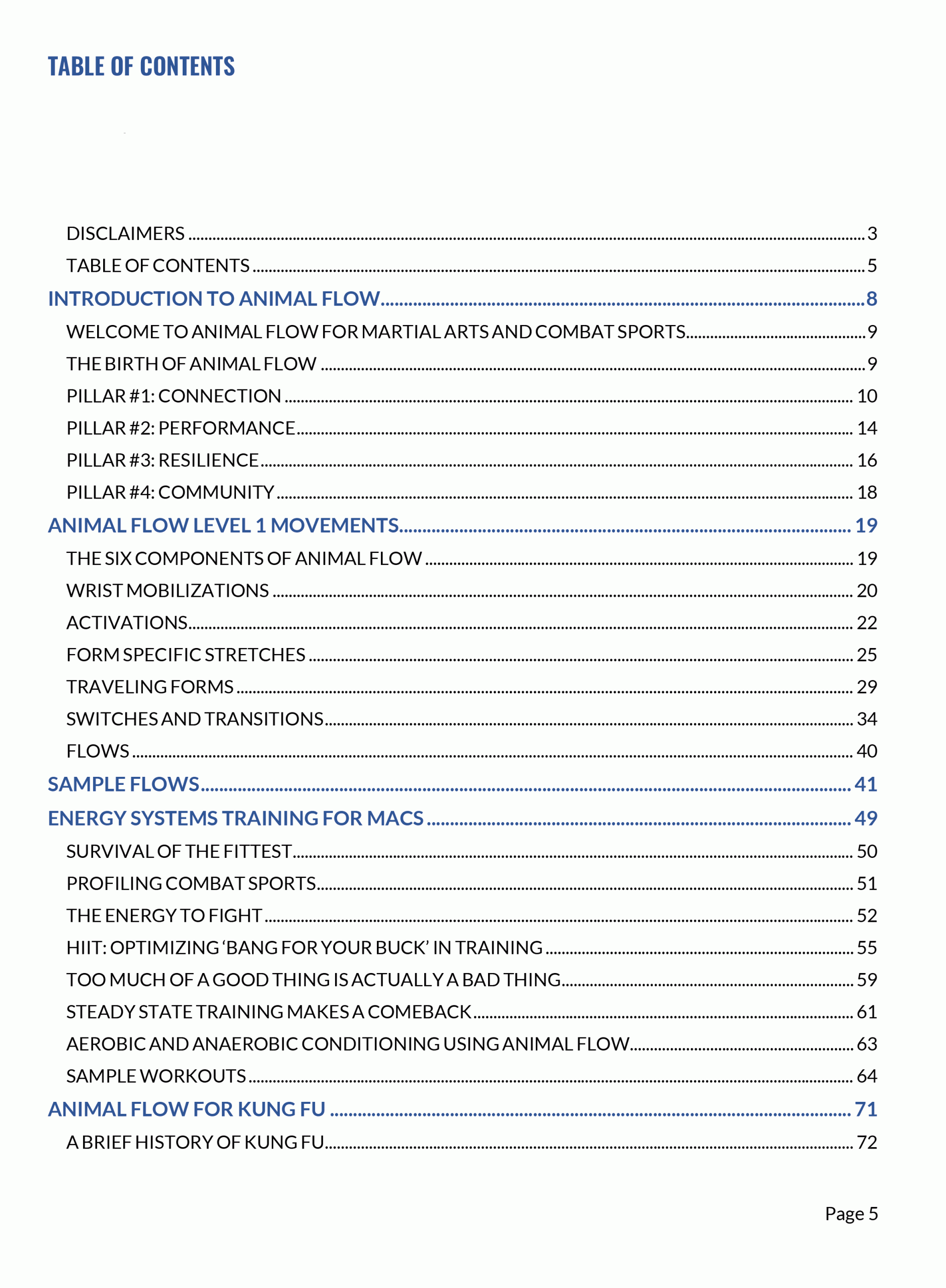 table of contents page 1