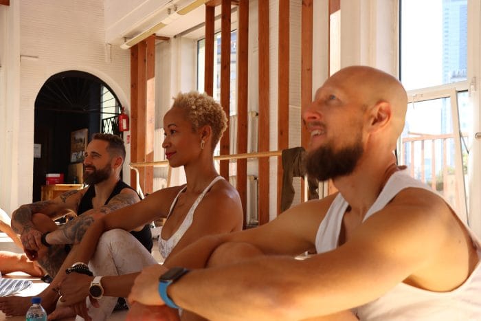 MK Phillips sits between Miguel Caratão and Miro Baściuk at the L3 workshop in Warsaw, Poland